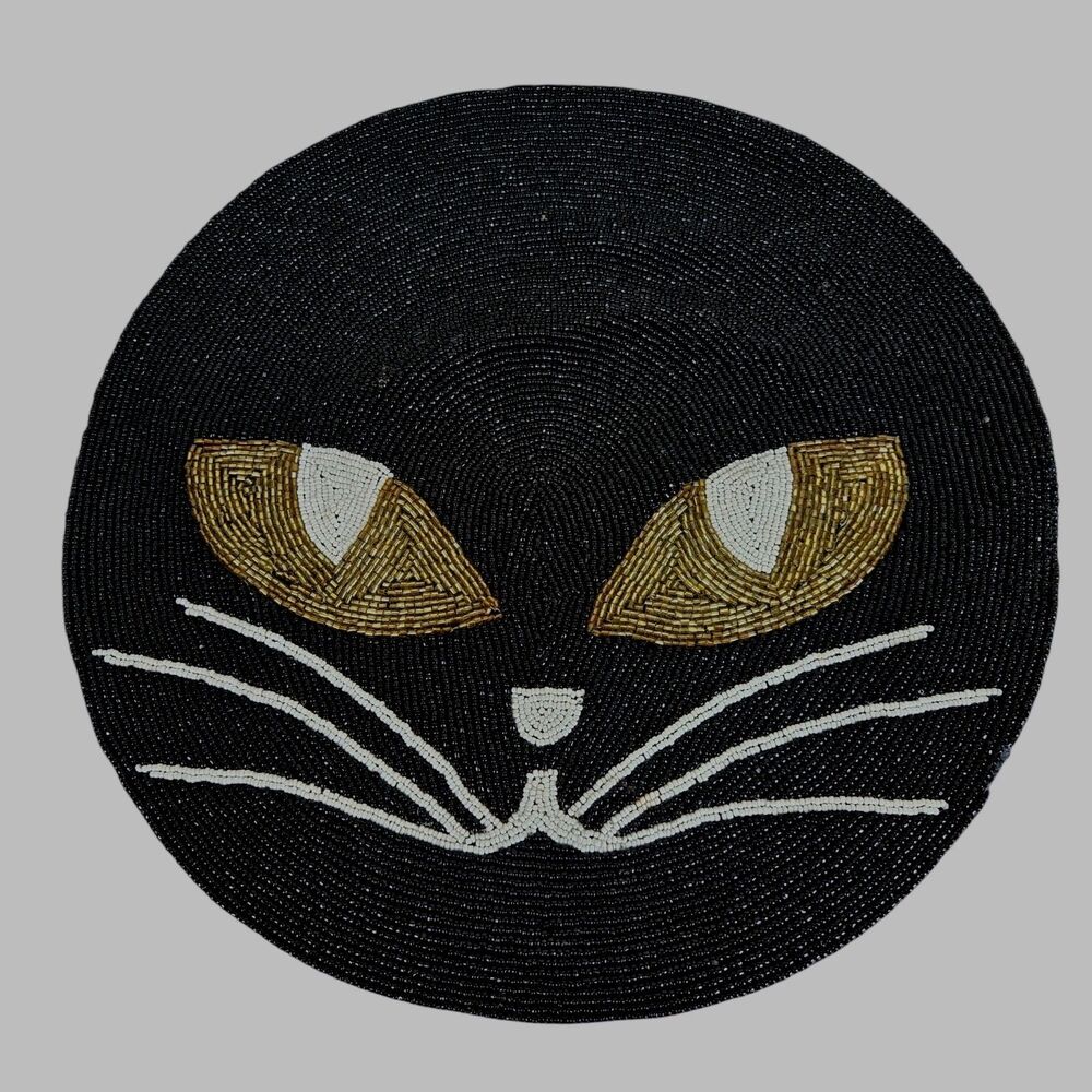 Set of 3 Black Cat Face Round Beaded Placemats Halloween